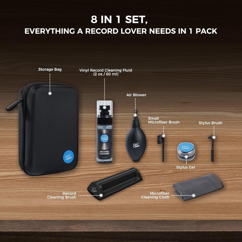 CLICK CLEAN 8 in 1 Vinyl Record Cleaning Kit - Velvet Cleaning Brush,Stylus Brush,0.21 oz Turntable Needle Cleaning Gel,2.1oz Cleaning Fluid,Mini-Microfiber Brush,Air Blower,Microfiber Cleaning Cloth - Image 4
